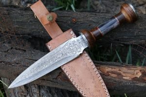 Damascus Dagger Knife, Hand-Forged, Bone Handle, Leather Sheath