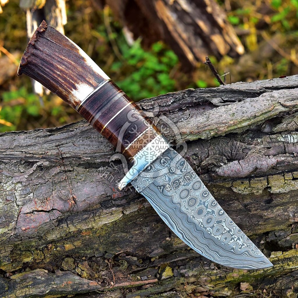 Damascus Skinner Knife — Hand-Forged, Stag Horn Handle, Leather Sheath (RK-496) - view 2