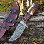 Damascus Skinner Knife — Hand-Forged, Stag Horn Handle, Leather Sheath (RK-496)