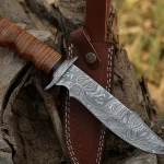 Damascus Camp Knife — Hand-Forged, Stag Horn Handle, Leather Sheath (RK-487)