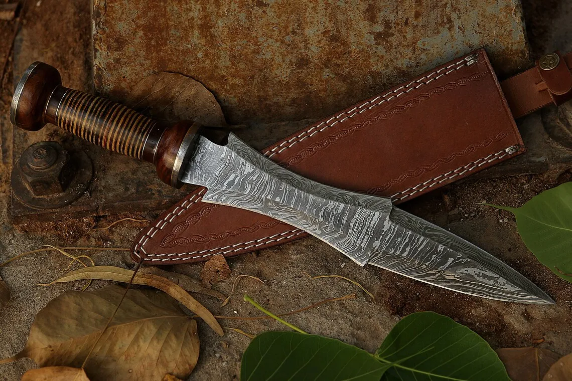 Damascus Dagger Knife — Hand-Forged, Rosewood Handle, Leather Sheath (RK-477) - view 3