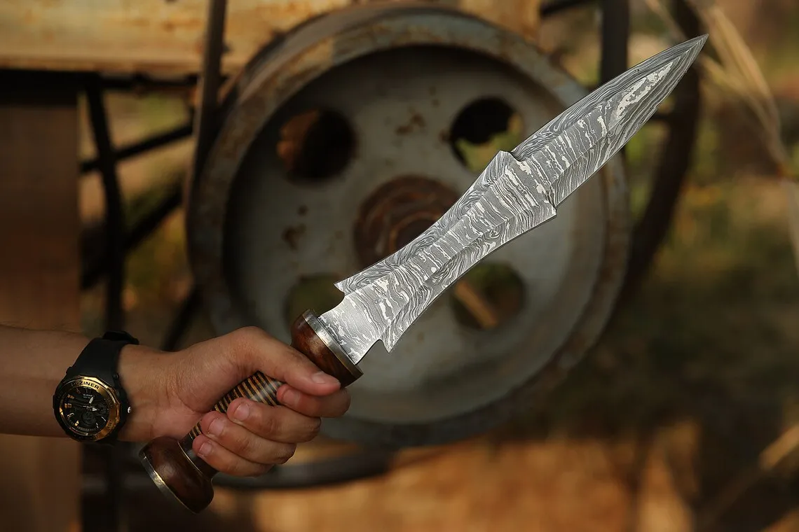 Damascus Dagger Knife — Hand-Forged, Rosewood Handle, Leather Sheath (RK-477) - view 4