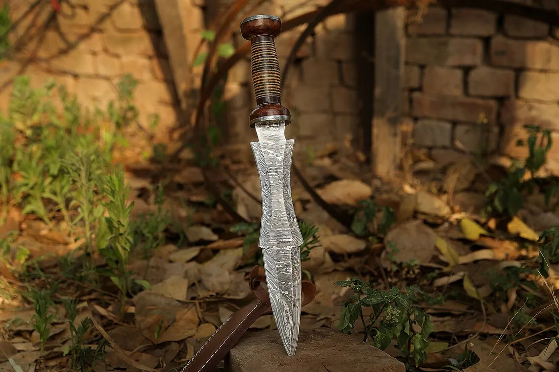 Damascus Dagger Knife — Hand-Forged, Rosewood Handle, Leather Sheath (RK-477) - view 5