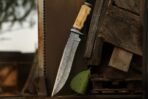 Damascus Bowie Knife — Hand-Forged, Camel Bone Handle, Leather Sheath (RK-490)