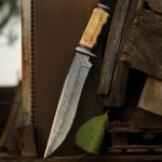 Damascus Bowie Knife — Hand-Forged, Camel Bone Handle, Leather Sheath (RK-490)