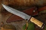 Damascus Bowie Knife — Hand-Forged, Camel Bone Handle, Leather Sheath (RK-490) - Image 6