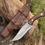 Damascus Camp Knife — Hand-Forged, Stag Horn Handle, Leather Sheath (RK-493)