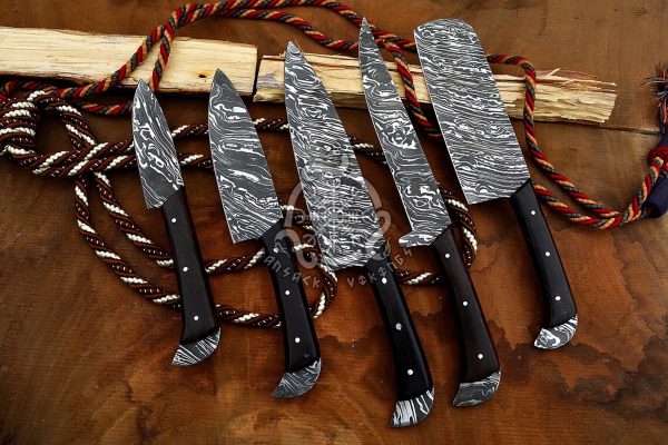 RK-504 Handmade Damascus Chef set 5 pcs With Leather Damascus Knife Set,Damascus Chef Knife,Full Tang Kitchen Knife Set,Damascus Chef Set, USA Made