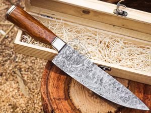 Damascus Chef Knife, Hand-Forged, Wood Handle, Leather Sheath | Engraving Available (RK-500)
