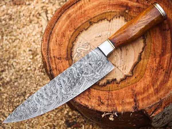 Damascus Chef Knife, Hand-Forged, Wood Handle, Leather Sheath | Engraving Available (RK-500) - view 2