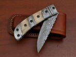 Damascus Folding Pocket Knife — Hand-Forged, 9″ Overall, Camel Bone Handle, Leather Sheath - view 2