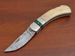 Damascus Folding Pocket Knife — Hand-Forged, 7" Overall, Bone Handle, Leather Sheath - Image 2