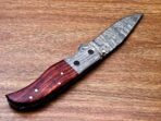 Damascus Folding Pocket Knife — Hand-Forged, 7" Overall, Wood Handle, Leather Sheath - Image 2