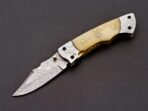 Damascus Folding Pocket Knife — Hand-Forged, 8" Overall, Bone Handle, Leather Sheath - Image 2