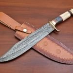 Damascus Bowie Knife — Hand-Forged, Wood Handle, Leather Sheath (RK-455)