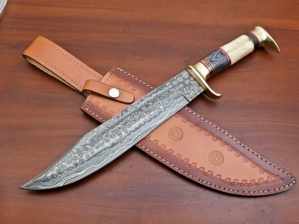 RK-455 Handmade Damascus Hunting Bowie Camping Knife Forged Damascus Knives Wood Handle Beautiful Art Best Gift For Him and Her USA made Knives