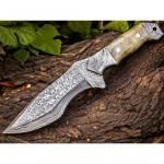 Damascus Bowie Knife — Hand-Forged, Stag Horn Handle, Leather Sheath (RK-461)