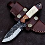 Damascus Skinner Knife — Hand-Forged, Stag Horn Handle, Leather Sheath (RK-414)