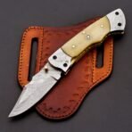 Damascus Folding Pocket Knife — Hand-Forged, 8" Overall, Bone Handle, Leather Sheath