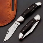 Damascus Folding Pocket Knife — Hand-Forged, 8" Overall, Leather Sheath (RK-445)