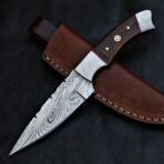Damascus Skinner Knife — Hand-Forged, Stag Horn Handle, Leather Sheath (RK-410)