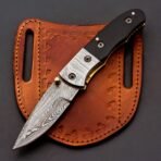Damascus Folding Pocket Knife — Hand-Forged, 7" Overall, Leather Sheath