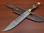 Damascus Bowie Knife — Hand-Forged, Wood Handle, Leather Sheath