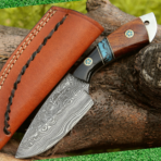 Damascus Skinner Knife — Hand-Forged, Stag Horn Handle, Leather Sheath (RK-427)