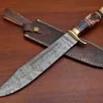 Damascus Bowie Knife — Hand-Forged, Wood Handle, Leather Sheath