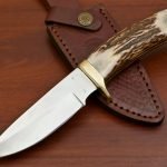 Damascus Skinner Knife — Hand-Forged, Stag Horn Handle, Leather Sheath (RK-403)