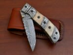Damascus Folding Pocket Knife — Hand-Forged, 9″ Overall, Camel Bone Handle, Leather Sheath - view 3