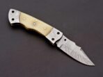 Damascus Folding Pocket Knife — Hand-Forged, 8" Overall, Bone Handle, Leather Sheath - Image 3