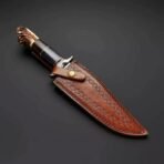 Damascus Camp Knife — Hand-Forged, Stag Horn Handle, Leather Sheath - view 3