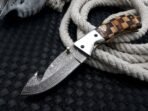 Damascus Folding Pocket Knife — Hand-Forged, 8" Overall, Wood Handle, Leather Sheath - Image 2