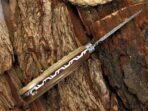 Damascus Skinner Knife — Hand-Forged, Ram Horn Handle, Leather Sheath - Image 3