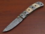 Damascus Folding Pocket Knife — Hand-Forged, 9″ Overall, Camel Bone Handle, Leather Sheath