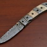Damascus Folding Pocket Knife — Hand-Forged, 9" Overall, Camel Bone Handle, Leather Sheath