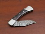 Damascus Folding Pocket Knife — Hand-Forged, 9" Overall, Camel Bone Handle, Leather Sheath (RK-425) - Image 4