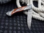 Damascus Folding Pocket Knife — Hand-Forged, 7" Overall, Wood Handle, Leather Sheath | Engraving Available - Image 4
