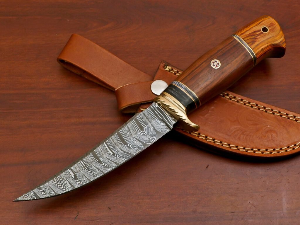 Damascus Skinner Knife — Hand-Forged, Wood Handle, Leather Sheath (RK-454)
