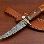 Damascus Skinner Knife — Hand-Forged, Wood Handle, Leather Sheath (RK-454)