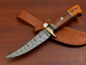 Damascus Skinner Knife, Hand-Forged, Wood Handle, Leather Sheath (RK-454)