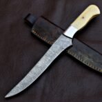 Damascus Fish Fillet Knife — Hand-Forged, Bone Handle, Leather Sheath