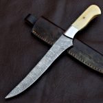 Damascus Fish Fillet Knife — Hand-Forged, Bone Handle, Leather Sheath