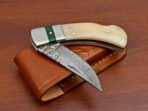 Damascus Folding Pocket Knife — Hand-Forged, 7" Overall, Bone Handle, Leather Sheath