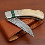 Damascus Folding Pocket Knife — Hand-Forged, 7" Overall, Bone Handle, Leather Sheath