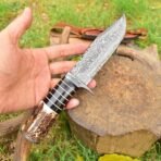 Damascus Skinner Knife — Hand-Forged, Stag Horn Handle, Leather Sheath (RK-411)