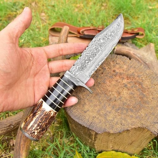 RK-411 Damascus Steel Skinner Camping Knife Handmade Stag Horn Damascus Knives Gift For Her / Him USA Made Camping Hunting Knives