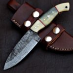 Damascus Skinner Knife — Hand-Forged, Stag Horn Handle, Leather Sheath (RK-415)