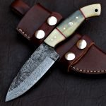 Damascus Skinner Knife — Hand-Forged, Stag Horn Handle, Leather Sheath (RK-415)